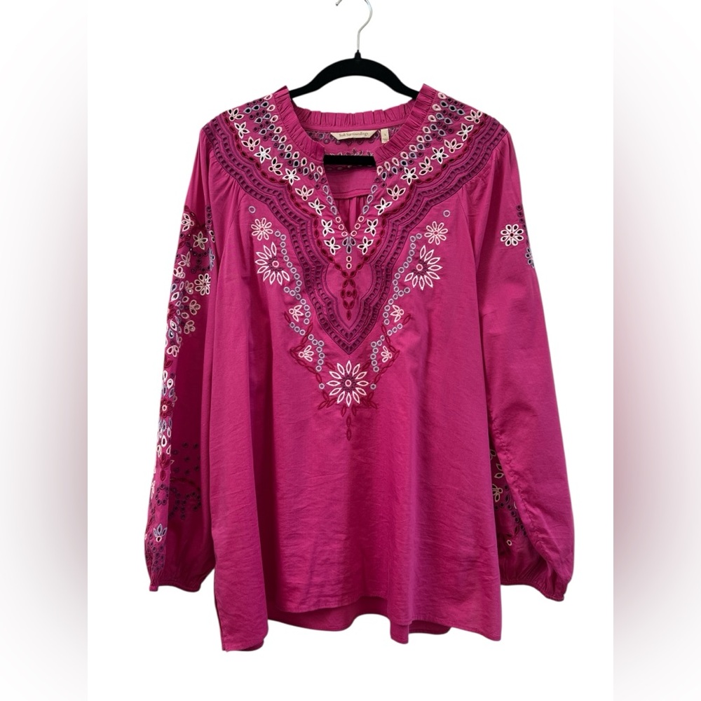 Soft Surroundings Pink Embroidered Boho Tunic Blouse Cotton Rayon Size L